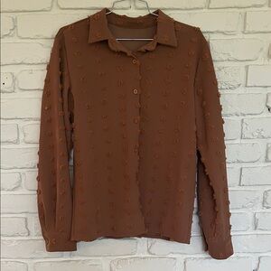 70s Inspired Burnt Sienna / Terracotta Button Up Shirt with Swiss Dot Detail, L